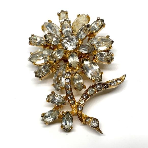 Jewelry - Vintage Original Eisenberg Goldtone Clear Rhinestone Flower Brooch